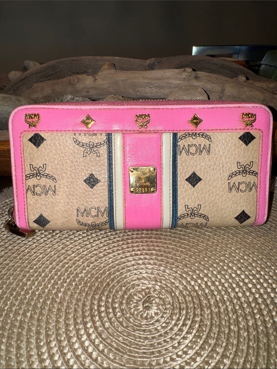 MCM Handbags - MCM Beige Visetos Continental Wallet with Pink Trim and Stripe